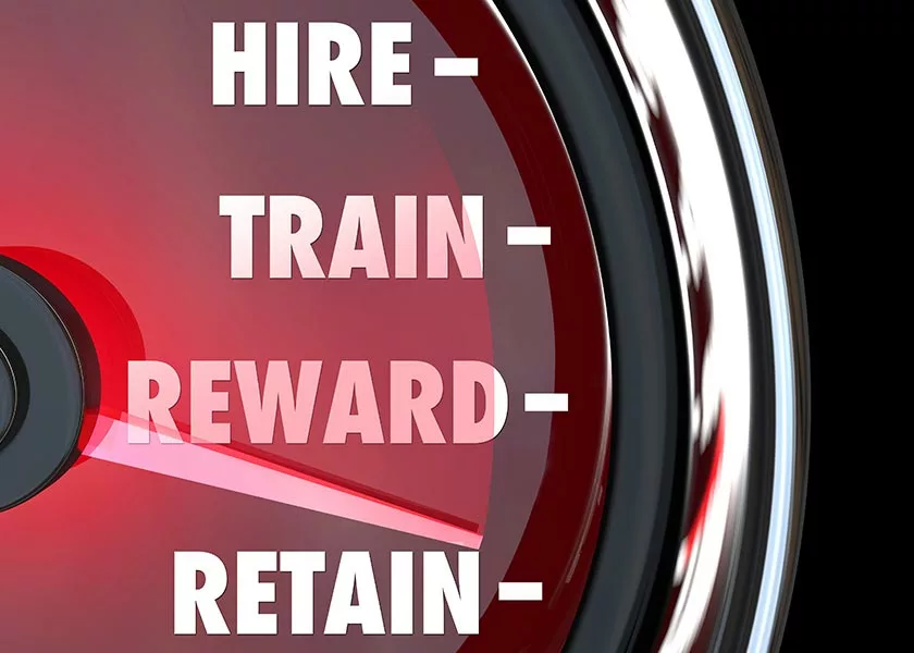 an odometer with words instead of numbers. Words read: Hire, Train, Reward, Retain